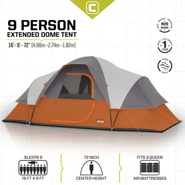 چادر کر - 9 نفره کمپینگ Core 9 Person Extended Dome Tent - تصویر 3