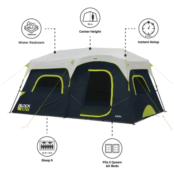 چادر کر اتومات - 9 نفره کمپینگ - بلاک نور آفتاب Core 9 Person Instant Cabin Blockout Tent - تصویر 5