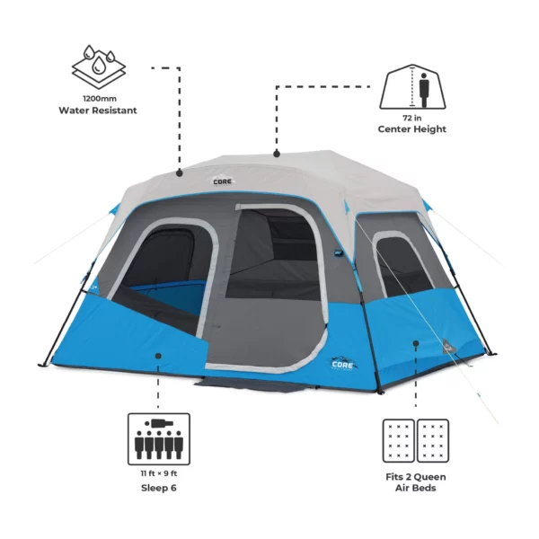 چادر اتومات کر - 6 نفره کمپینگ چراغ دار Core 6 Person Lighted Instant Cabin Tent - تصویر 3