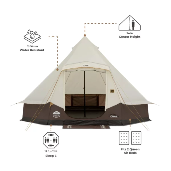 چادر سرخپوستی کر - 6 نفره کمپینگ چراغ دار Core 6 Person Lighted Bell Tent - تصویر 4