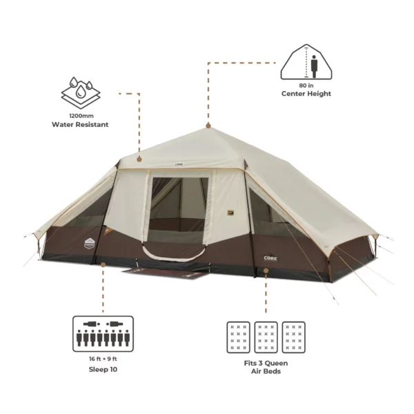 چادر اتومات کر سرخپوستی - 10 نفره کمپینگ چراغ دار Core 10 Person Lighted Instant Pyramid Tent - تصویر 4