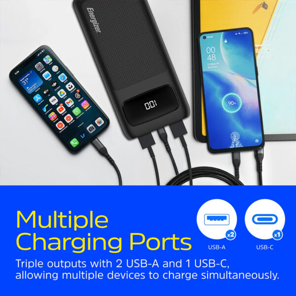 پاور بانک انرجایزر – ظرفیت 20000 میلی‌آمپر Energizer Power Bank (PowerSafe 20W PD 20K) - 3-Port with USB-C Cable - UE20063PQ - تصویر 2